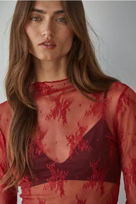 Women's L/S Sheer Floral Lace Mock Neck Mesh Top (Available in 4 Colors)