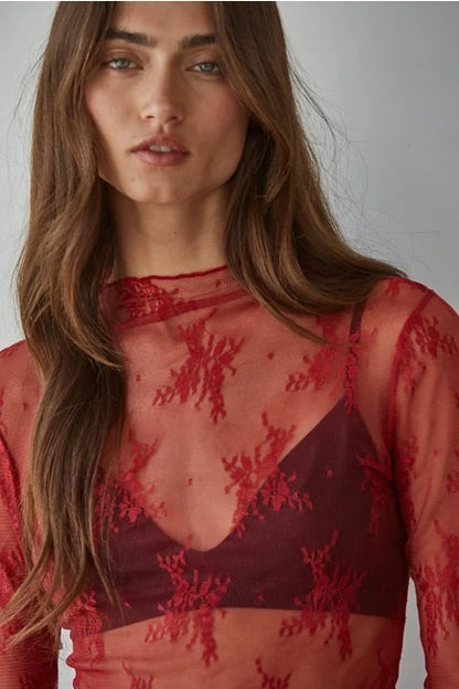 Women's L/S Sheer Floral Lace Mock Neck Mesh Top (Available in 4 Colors)