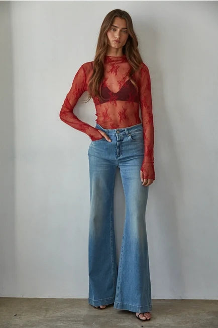 Women's L/S Sheer Floral Lace Mock Neck Mesh Top (Available in 4 Colors)