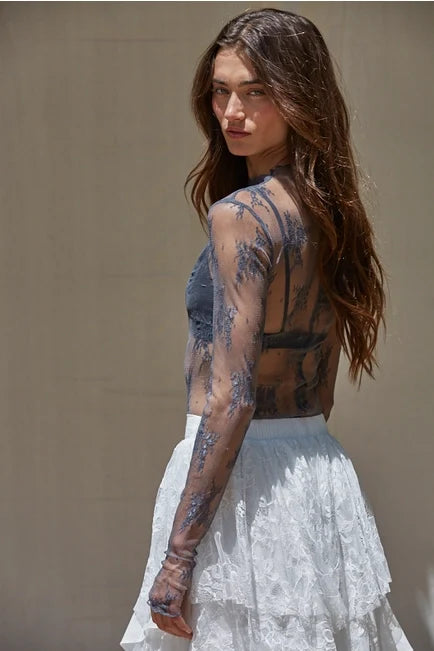 Women's L/S Sheer Floral Lace Mock Neck Mesh Top (Available in 4 Colors)