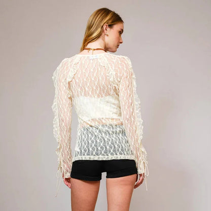 Women's L/S Sheer Ruffle Lace Tie Front Blouse in Cream