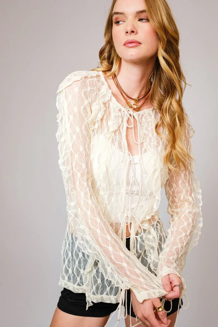 Women's L/S Sheer Ruffle Lace Tie Front Blouse in Cream