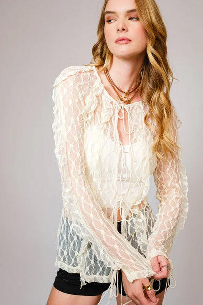 Women's L/S Sheer Ruffle Lace Tie Front Blouse in Cream