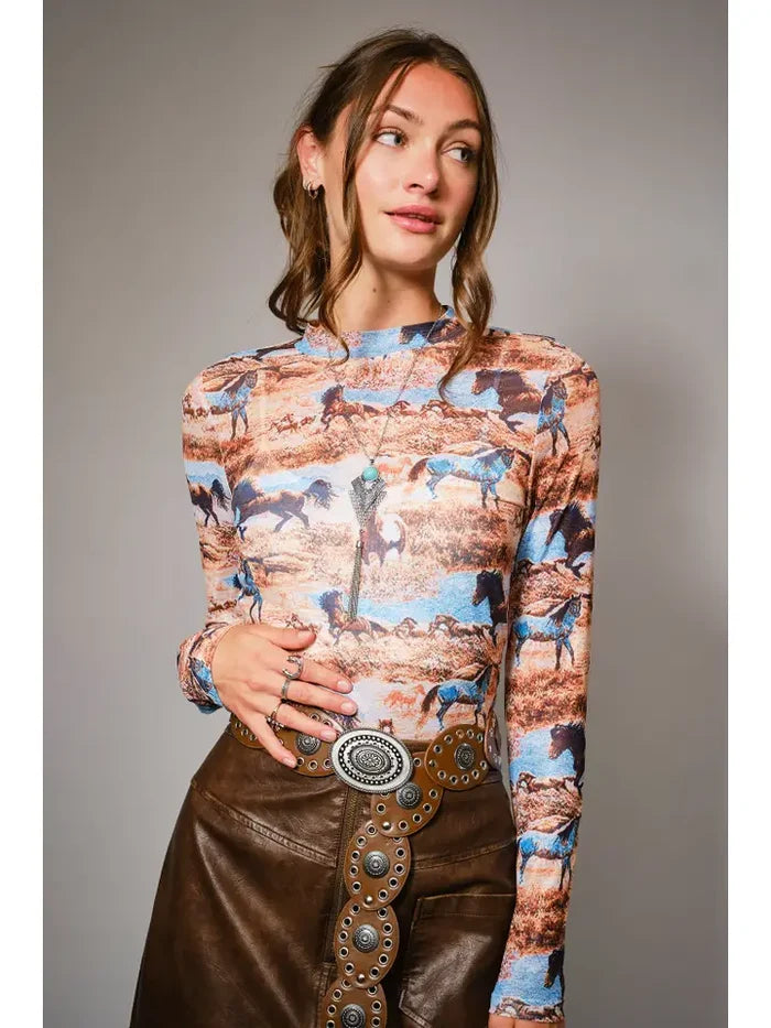 Women's L/S Western Mesh Mock Neck Top