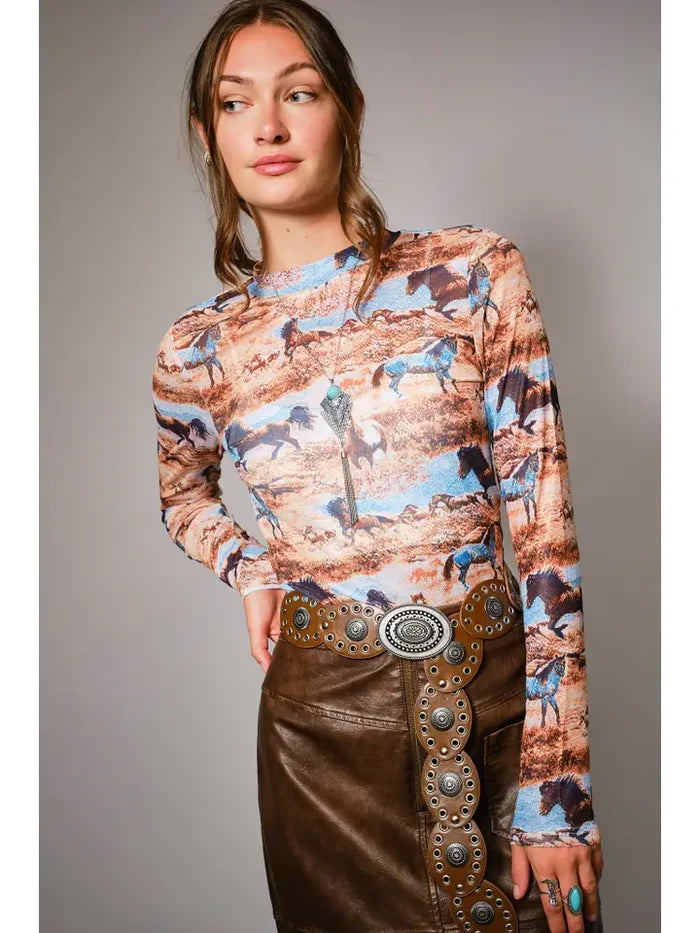 Women's L/S Western Mesh Mock Neck Top